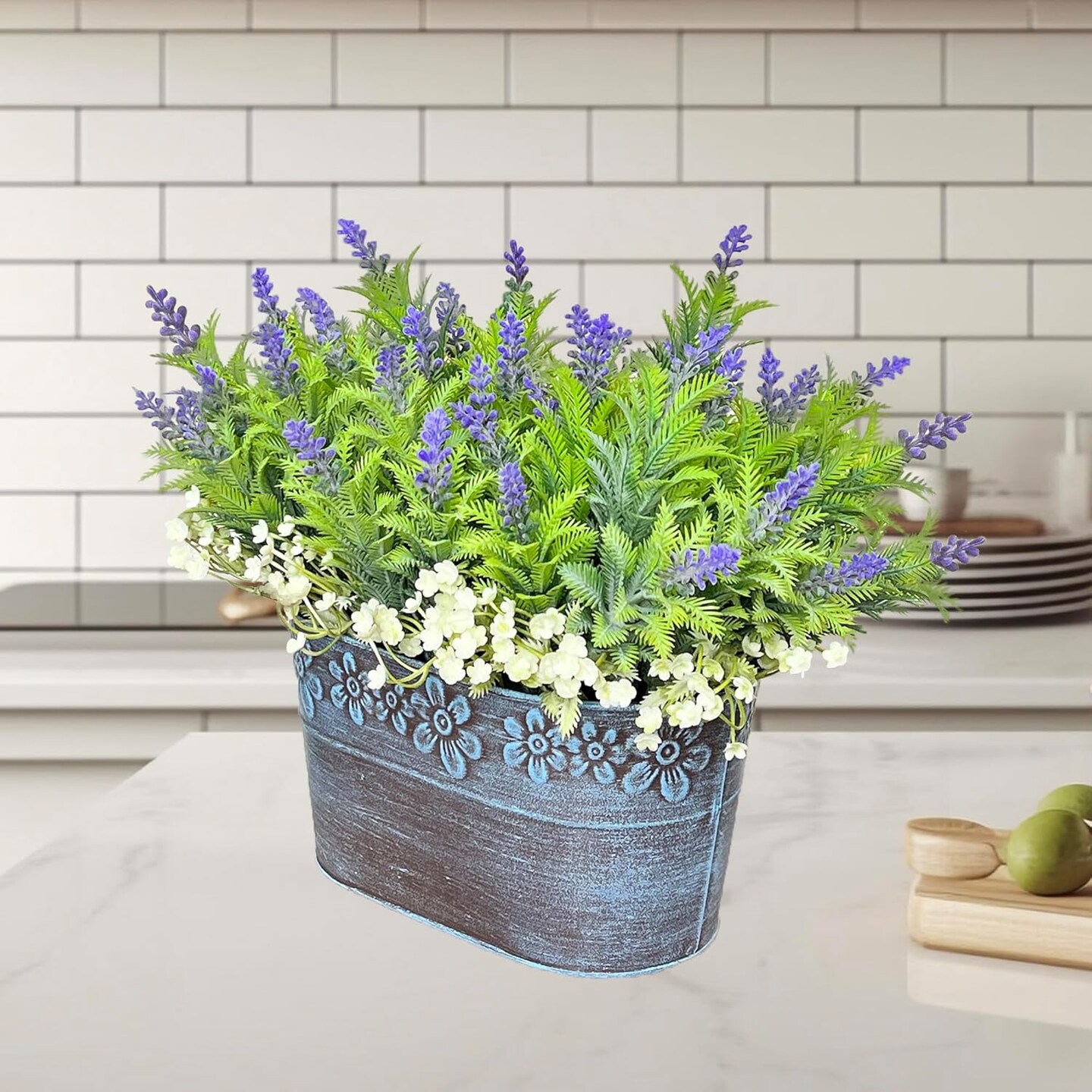 Summer Potted Plants, Artificial Flowers Lavender Arrangement in Rustic Rectangular Metal Planter, Pre-Potted Fake Lavender Table Centerpiece for Gifts Farmhouse