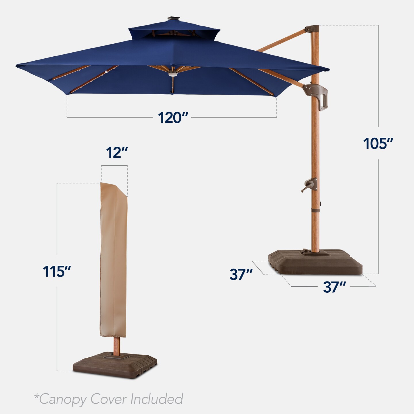 Best Choice Products 10ft Square Woodgrain Pattern 2-Tier Outdoor Solar LED Cantilever Umbrella w/ Base