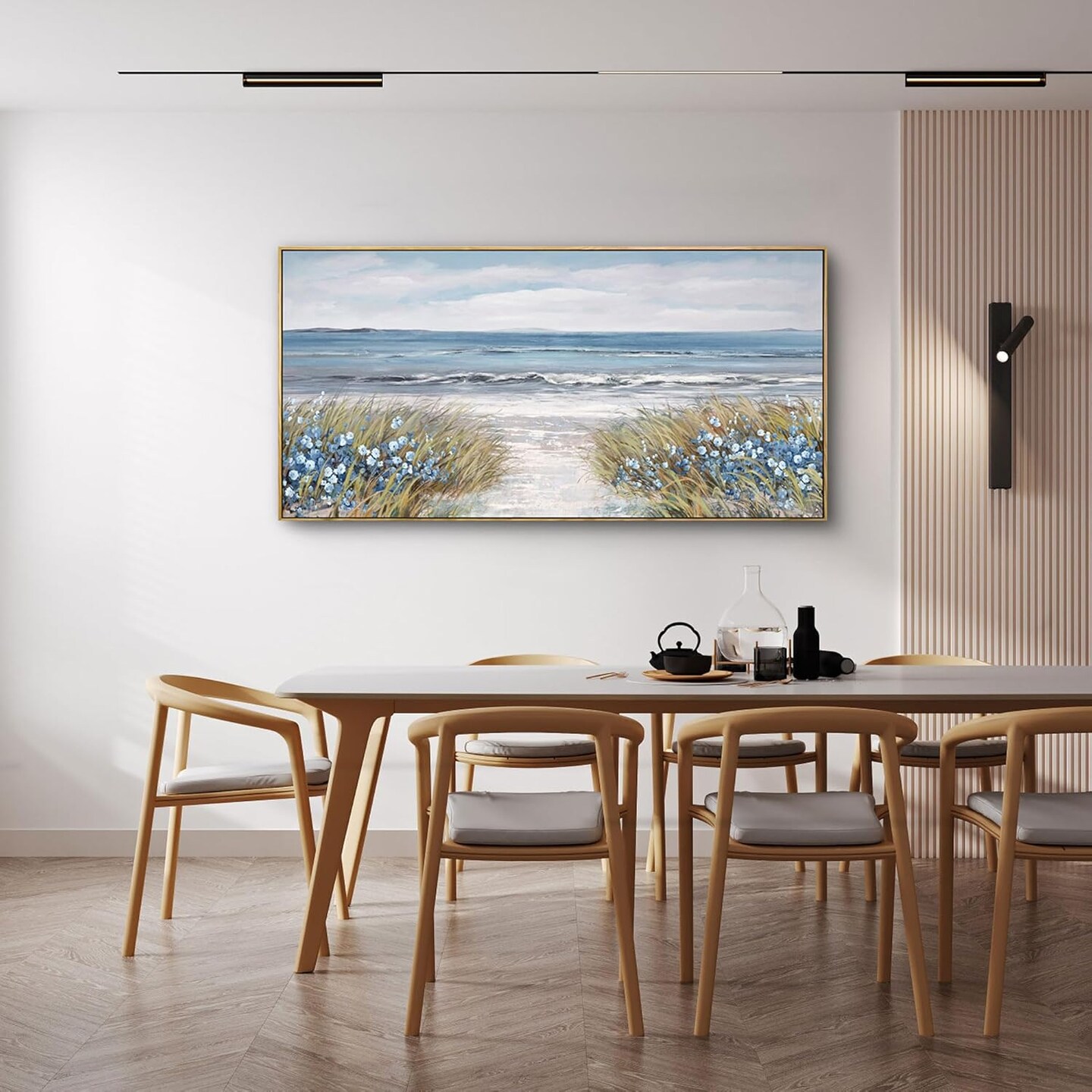 Framed Wall Art for Bedroom Decor - Farmhouse Boho Beach Coastal Vintage Floral Ocean Wall Picture Daisy Flowers Sea Canvas Print Nautical Neutral Seascape Artwork for Home Living Room
