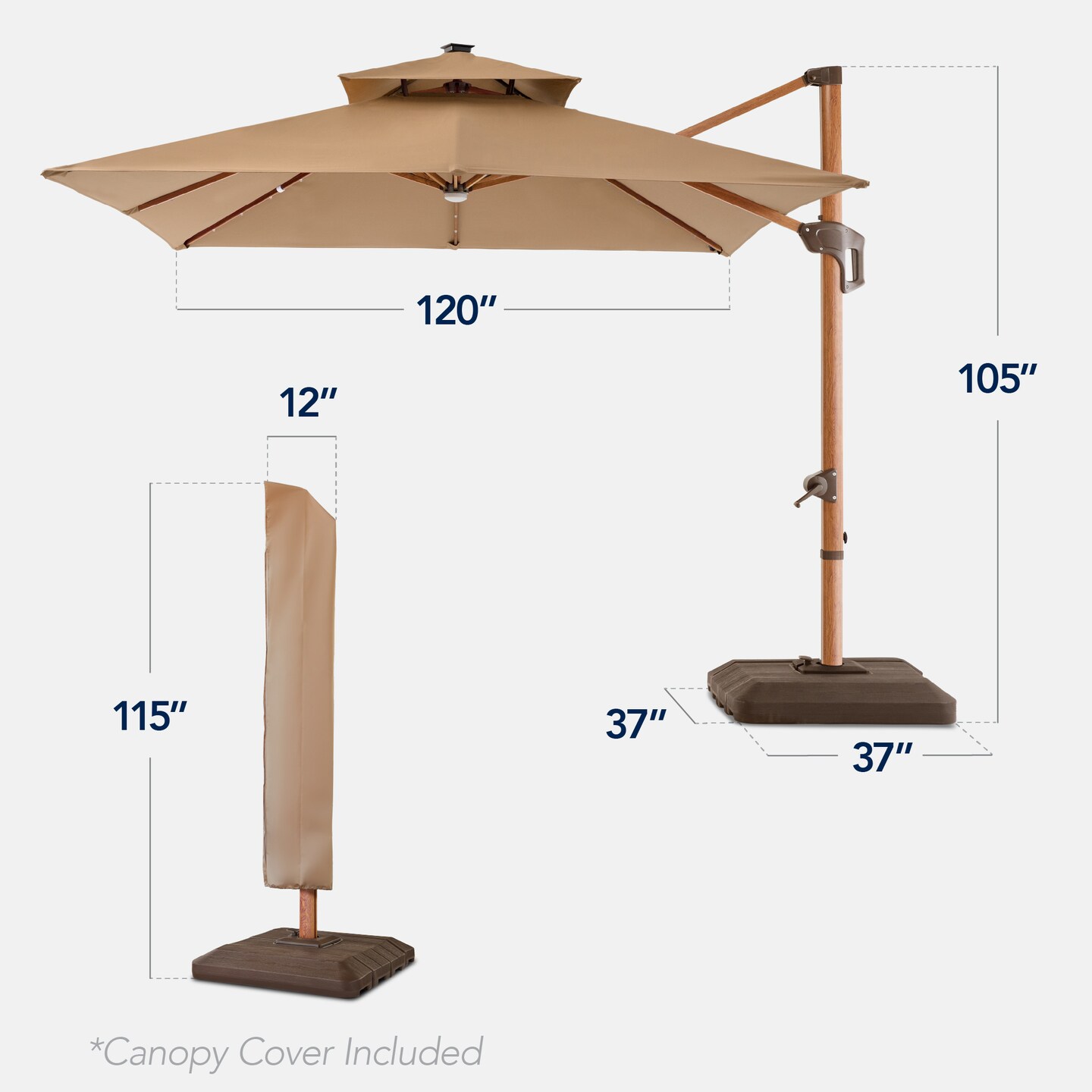 Best Choice Products 10ft Square Woodgrain Pattern 2-Tier Outdoor Solar LED Cantilever Umbrella w/ Base