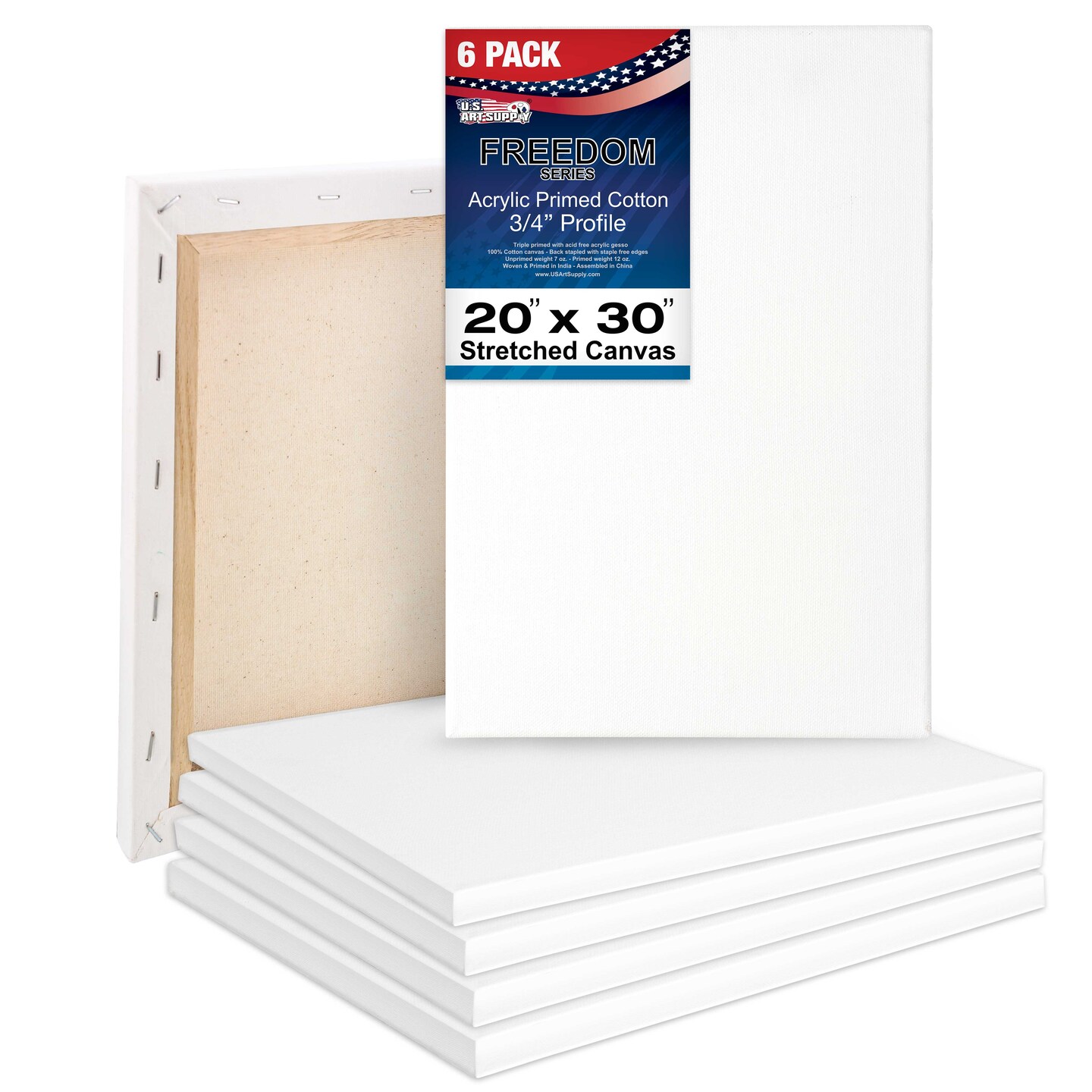 20 x 30 inch Stretched Canvas 12-Ounce Triple Primed, 6-Pack - Professional Artist Quality White Blank 3/4&#x22; Profile, 100% Cotton, Heavy-Weight Gesso