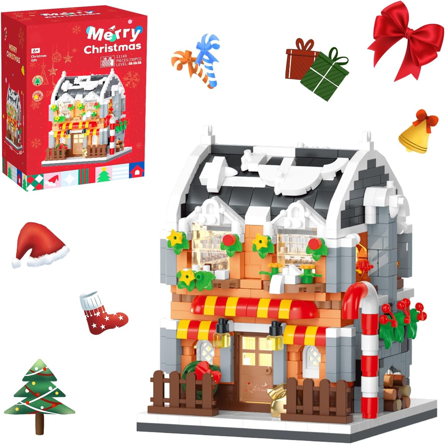 Christmas Book House Building Blocks Set-730 PCS Micro Bricks,City Miniature Building Bricks Kit with LED Light and Christmas Tree,Perfect Building Toy for Adults Kids 6+