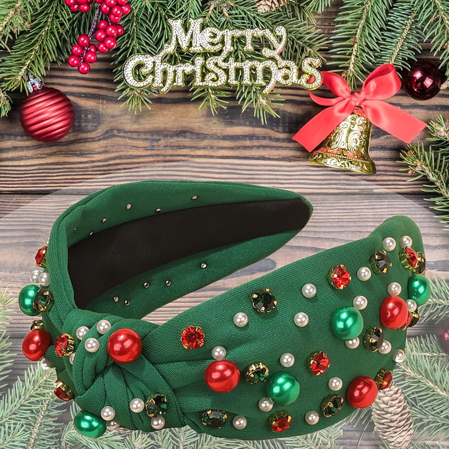 Christmas Headband for Women Pearl Knotted Headband Xmas Red Green Pearl Rhinestone Crystal Jeweled Hairband Fashion Elegant Ladies Wide Top Knot Hair Bands Headpiece Holiday Outfits Gifts (Green)