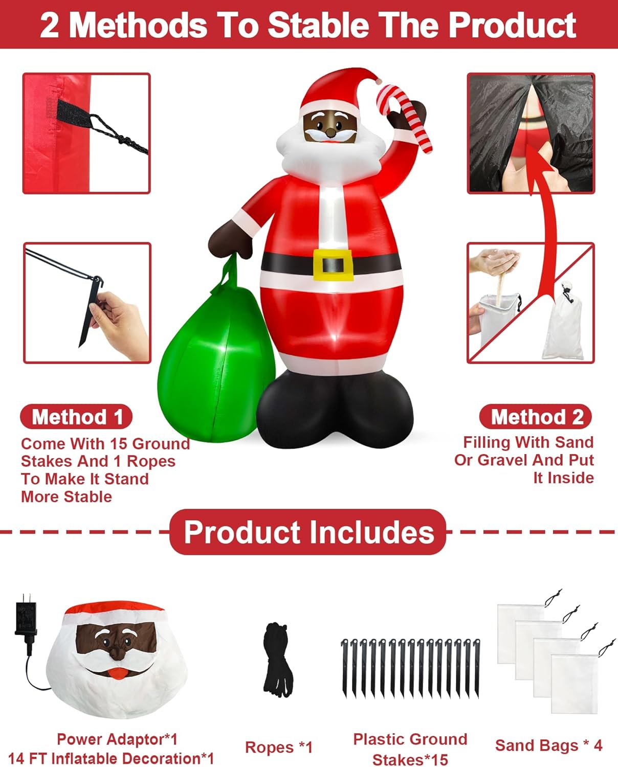 14 Feet Giant Black Santa Claus Inflatables Christmas Outdoor Decorations Holds Gift Bag &#x26; Candy Cane Blow Up Build-in LED Lights Inflatable Christmas Yard Decor Garden Lawn Xmas Holiday