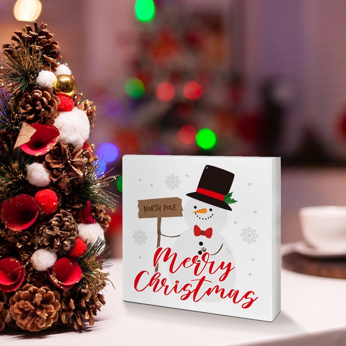 Merry Christmas Table Wooden Box Sign Decor, North Pole, Holiday Table Decor Snowman Xmas Tabletop Decorations for Home Kitchen Bedroom Shelf Office Desk Decor