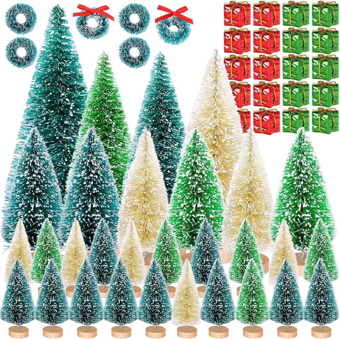 56 Pcs Artificial Mini Christmas Trees Set - Miniature Sisal Frosted Christmas Trees Bottle Brush Trees for DIY Crafts Home Table Top Decor