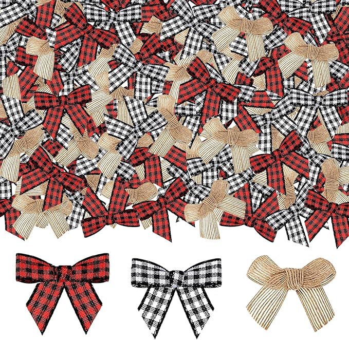 120pcs Christmas Mini Burlap Bow Buffalo Plaid Bow for Craft, Red and Black Checkered Bow Gingham Ribbon Bows Farmhouse Home Decoration for Christmas Tree Gift Decorations.