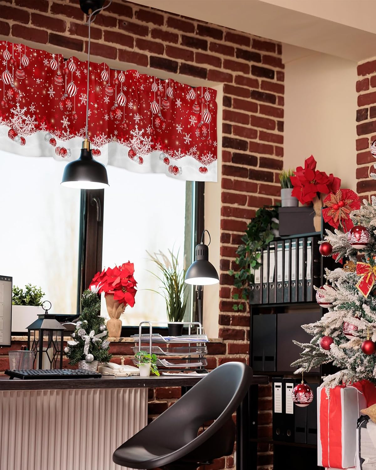 Christmas Window Valance Winter Snowflakes Window Treatment Merry Christmas Ball Ornaments Rod Pocket Curtain Valance,54x18 inch Xmas Snowflake Sparkle Red Kitchen Valance for Bathroom Cafe