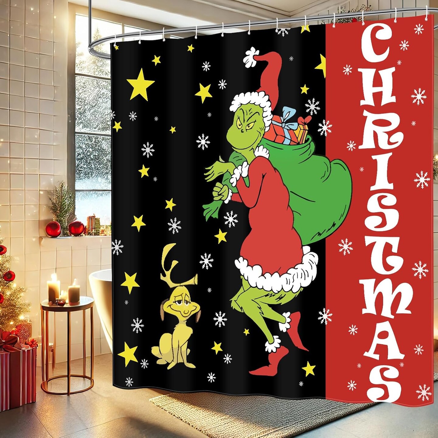 Christmas Shower Curtain for Bathroom, Black and Red Xmas Shower Curtain Fabric, Funny Merry Christmas Holiday Bathroom Curtain with Hooks 71&#x22; x 71&#x22;