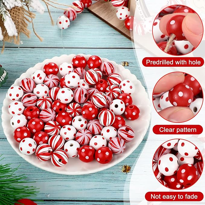 100 Pieces Christmas Beads Candy Cane Wooden Beads 0.63 Inch Dotted Striped Wood Beads Colorful Round Spacer Beads Natural Craft Beads with Hole for DIY Craft Supplies Holiday(Bright Style)