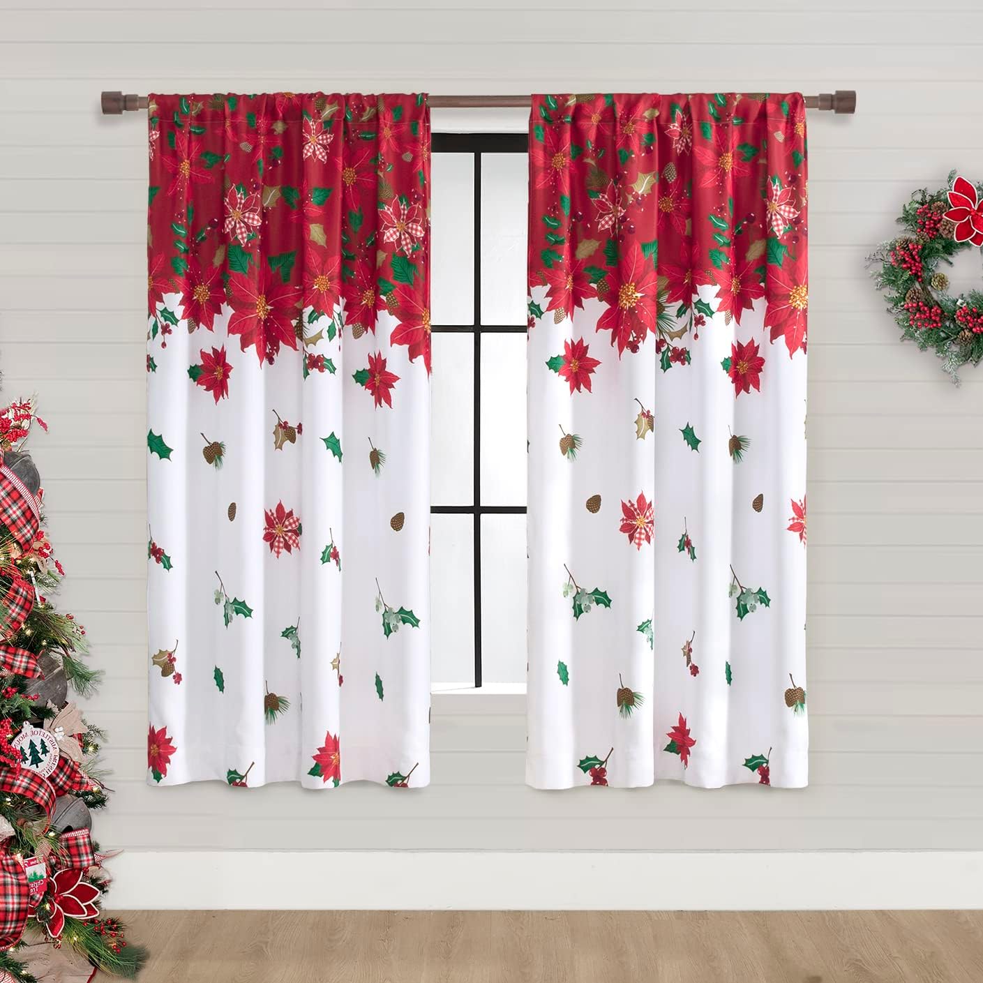 Red Curtains 63 Inch Length for Bedroom 2 Panels Poinsettia Christmas Light Blocking Winter Insulated Thermal Holiday Xmas Decorations Indoor Home Decor Green Fairy Curtains for Living Room Dining