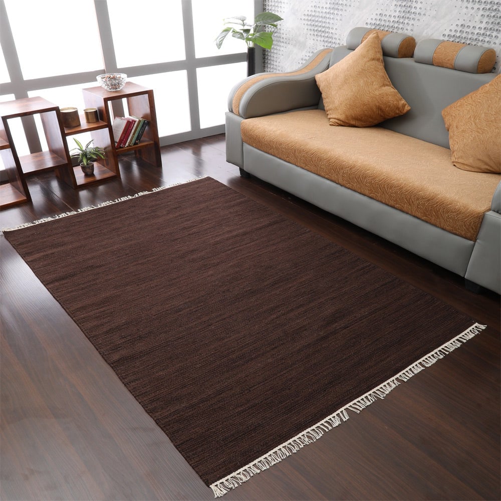 Rugsotic Carpets Hand Woven Flat Weave Kilim Wool Area Rug Solid Dark Brown D00111