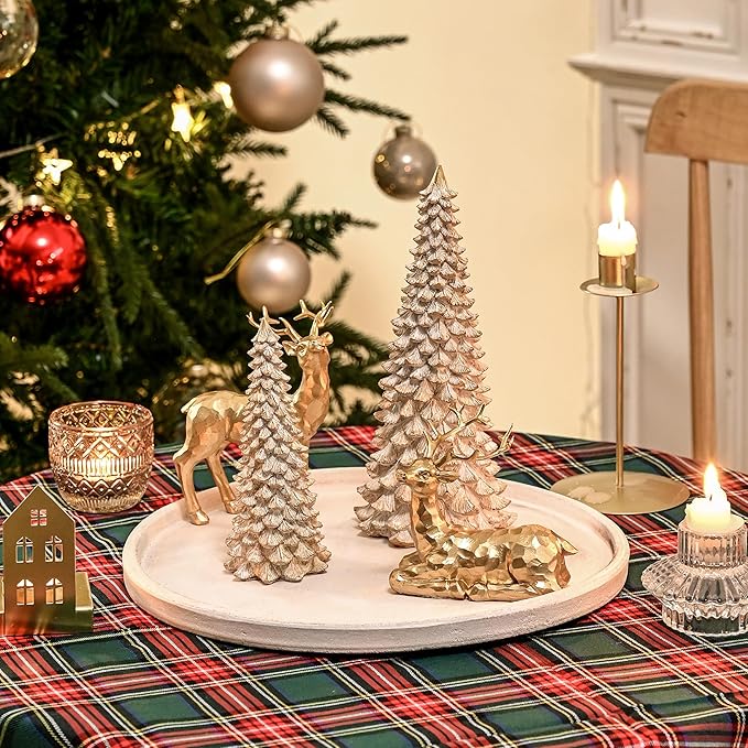 2Pcs Distressed White with Gold Table top Christmas Trees, Small Christmas Tree Figurine Set, Decorative Xmas Trees for Rustic Christmas Decor