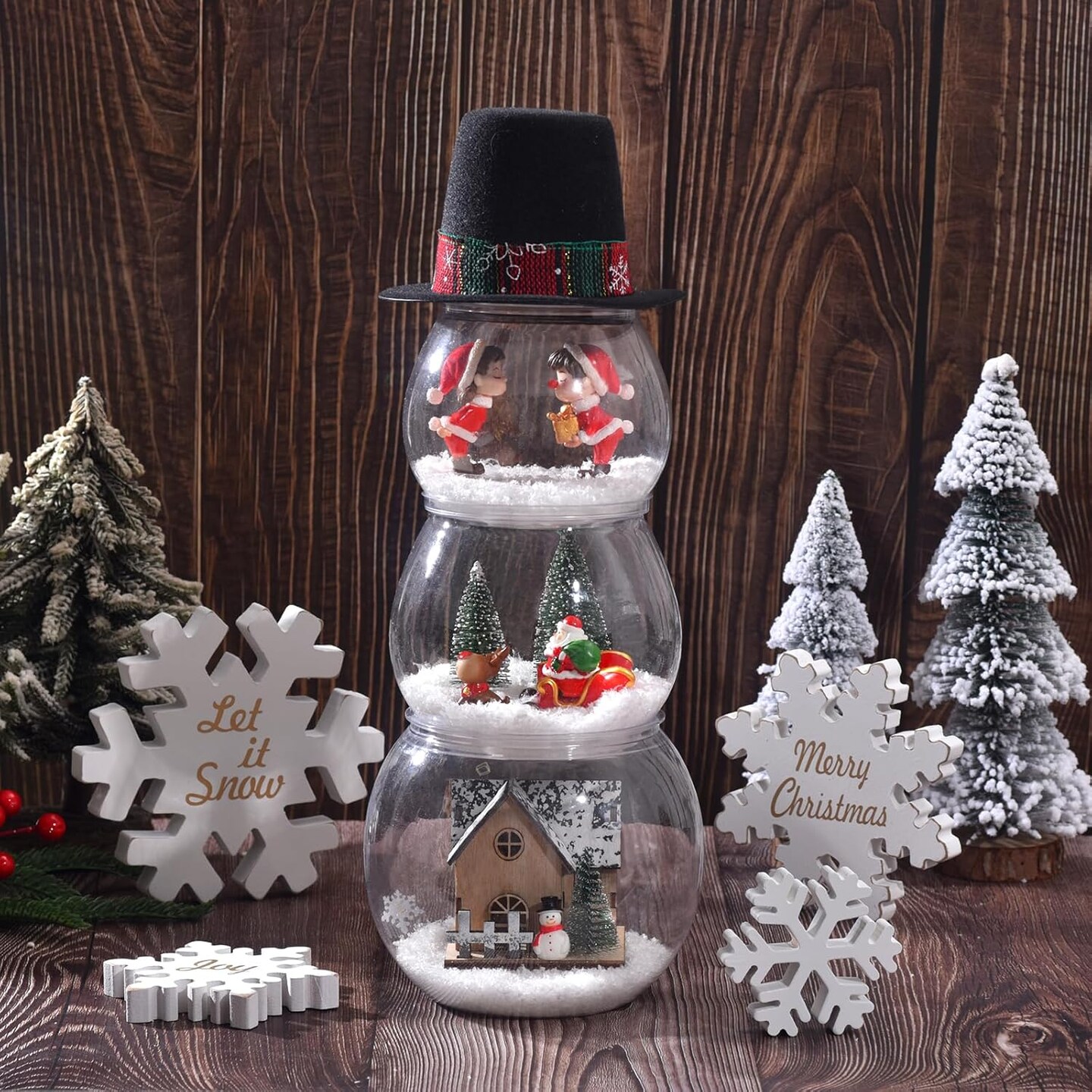 Christmas Decorations Indoor, DIY Fish Bowl Snowman Crafts, Christmas Centerpiece Table Decor, Snowman Xmas Decor, Festive Table Top Decor with Fake Snow & Figurine for Home Mantel Shelf (Black)