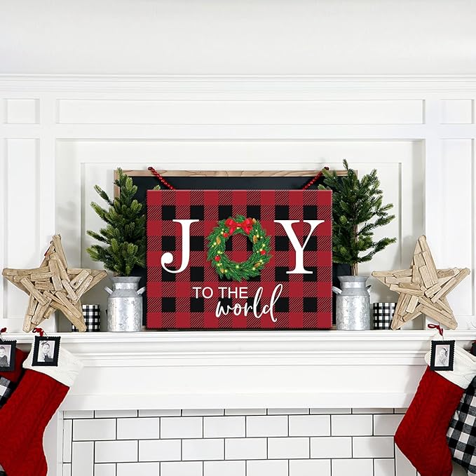 KAIRNE Christmas Decoration Joy Sign Wall Art(12x16inch) Rustic Buffalo Plaid Xmas Wreath Canvas Art Print,Holiday Farmhouse Happy New Years Quote Prints Posters For Family Festive Party Decor