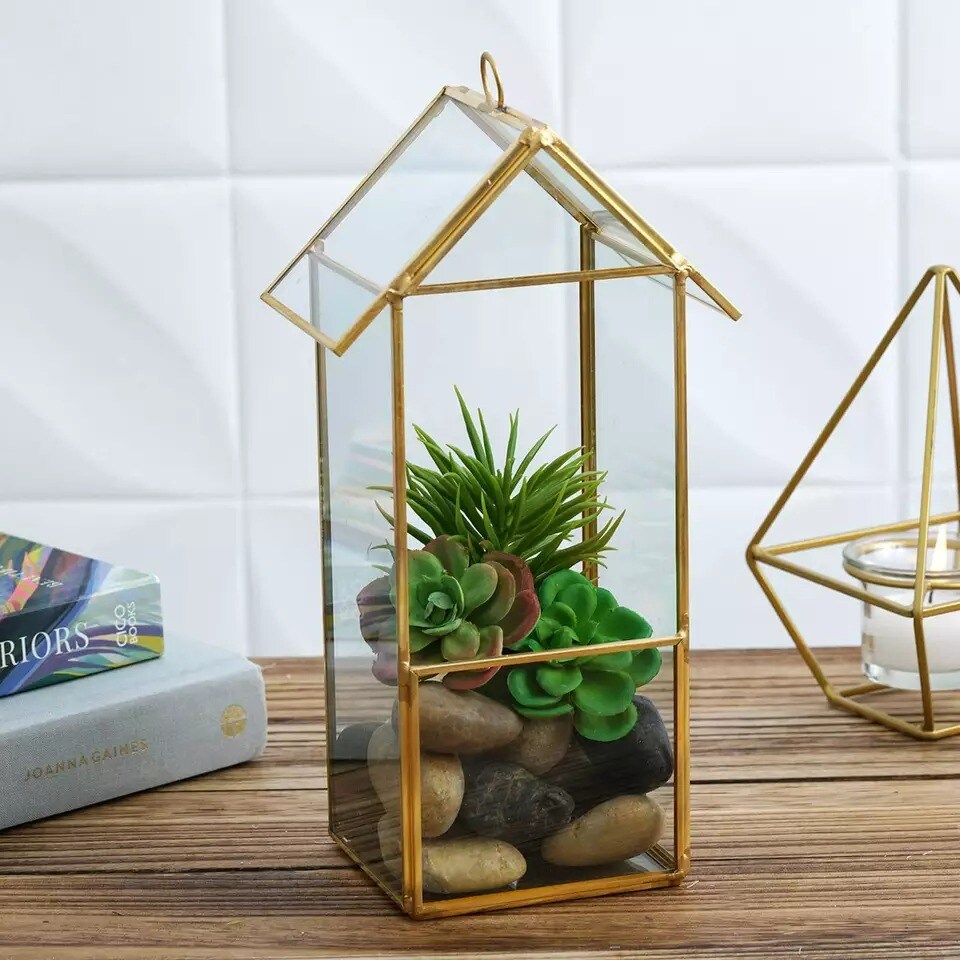10.5" tall Clear Gold Geometric Glass Terrarium Vase Metal Frame Centerpieces