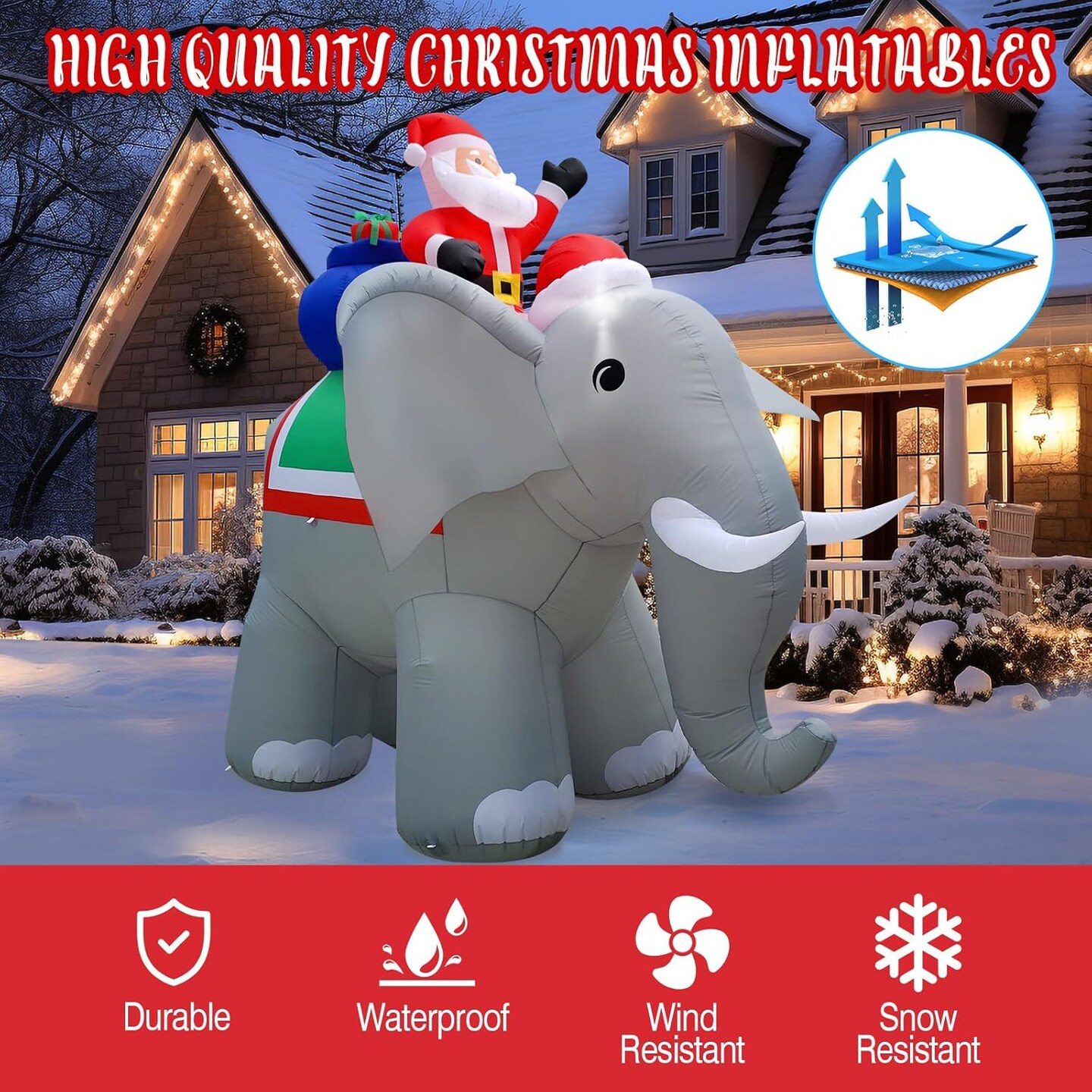 12FT Christmas Inflatables Santa Ride Huge Elephant Decoration, Inflatable Elephant Built-in 7 LED for Christmas Decoration Home Yard Lawn Garden Party Outdoor Indoor Night Xmas Gift