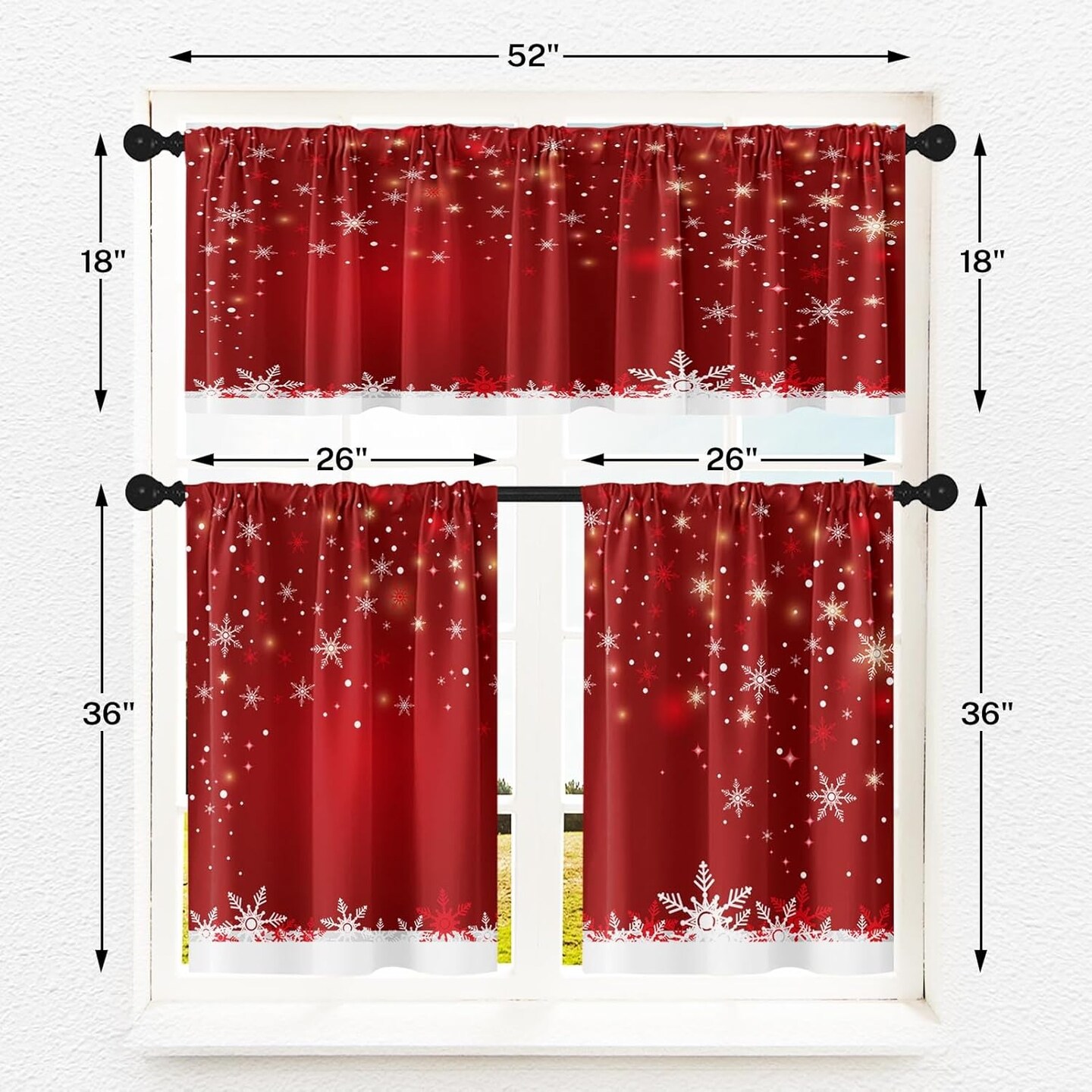 Christmas Kitchen Curtains Snowflakes Window Curtains and Valances Set 36 Inch, Red Snow Short Tier Curtains for Kitchen, Winter Xmas Small Kitchen Decor