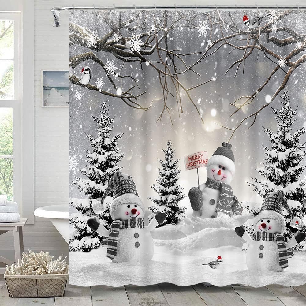 Farmhouse Winter Christmas Shower Curtain, Cute Snowman Snow Forest Pine Tree Scene Shower Curtain for Bathroom Rustic Xmas Snowflake Holiday Gray Bathroom Accessories Polyester 72&#x22;X72&#x22; with Hooks