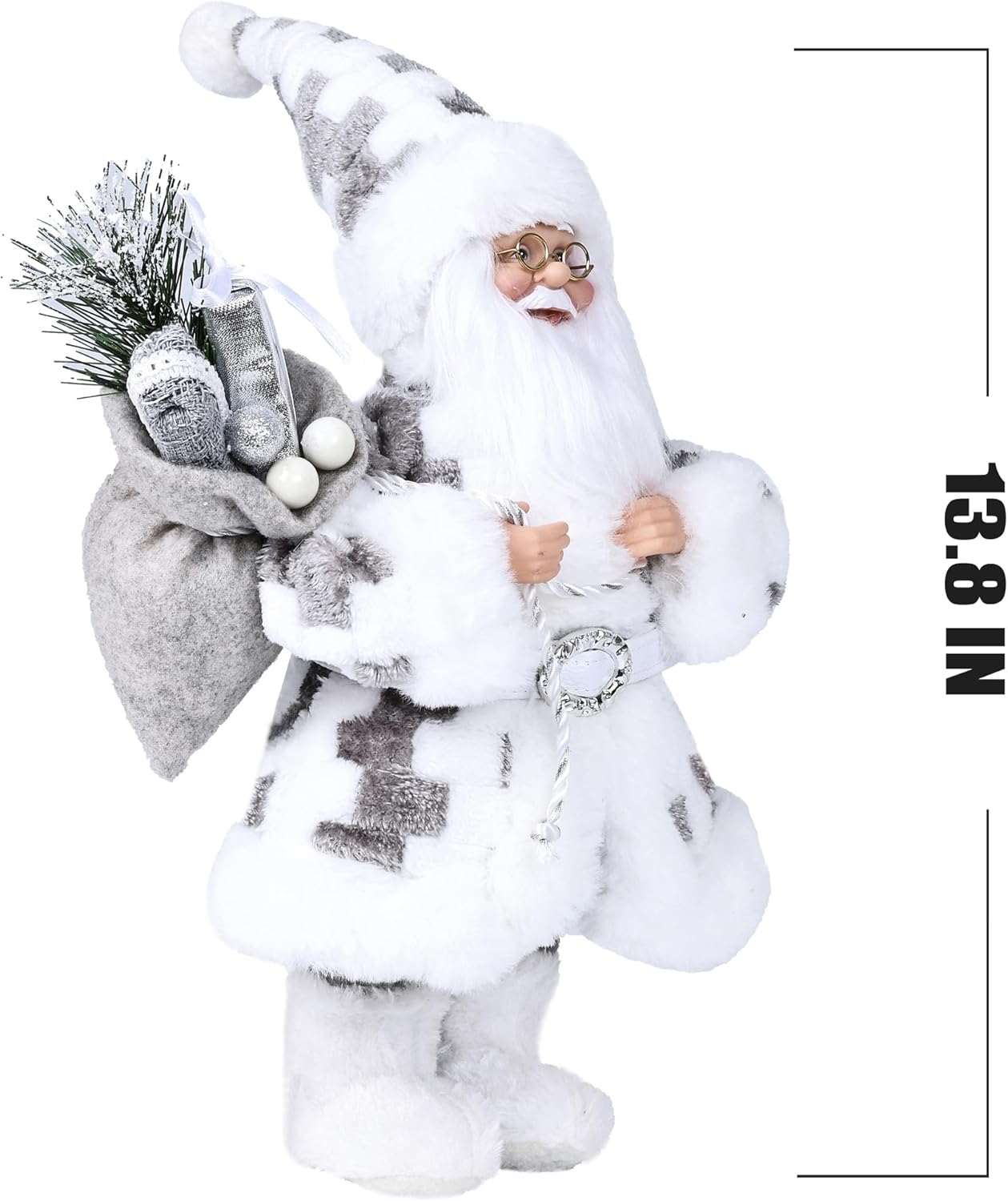 13.8inch Santa Claus Figurines Fluffy Christmas Standing Santa Figure Decorations Gift for Xmas Outdoor Indoor Home Office Ornaments Grey White Plaid