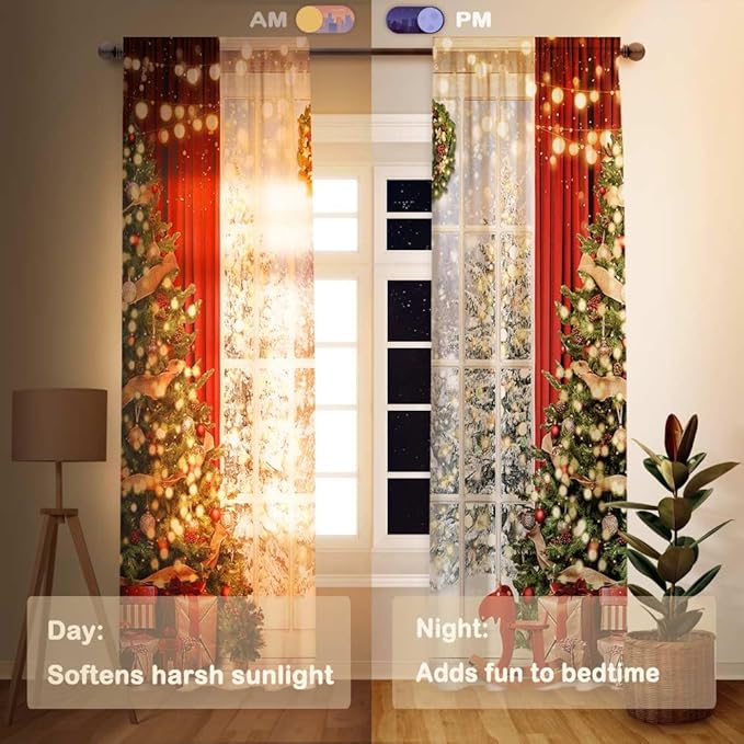 Christmas Window Curtain Winter Xmas Tree Glitter Bokeh Print Curtains Home Decor Rod Pocket Darkening Drapes for Bedroom Living Room 82 in x 84 in