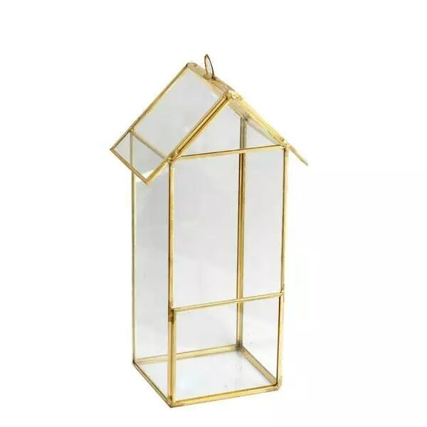 10.5" tall Clear Gold Geometric Glass Terrarium Vase Metal Frame Centerpieces