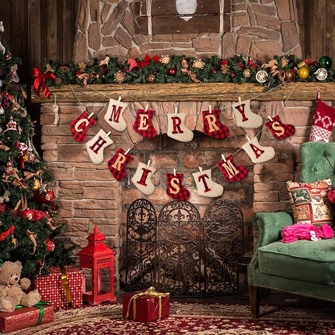 Merry Christmas Burlap Banner-Sock Shaped Christmas Decoration,Outdoor Indoor Hanging Decor,Rustic Christmas Decorations for Mantle Fireplace,Xmas Party Supplies Decoration