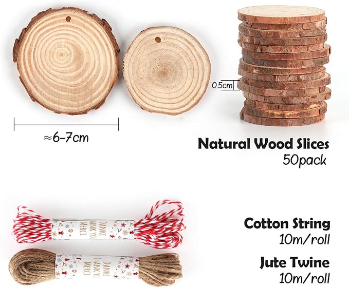 50Pcs Wood Slices 2.4&#x22;-2.8&#x22; Unfinished Natural Wood Rounds with Pre-drilled Hole and 66Feet Twine String, Wood Slices for Wood Burning Painting DIY Crafts Christmas Ornaments Party Wedding Decor