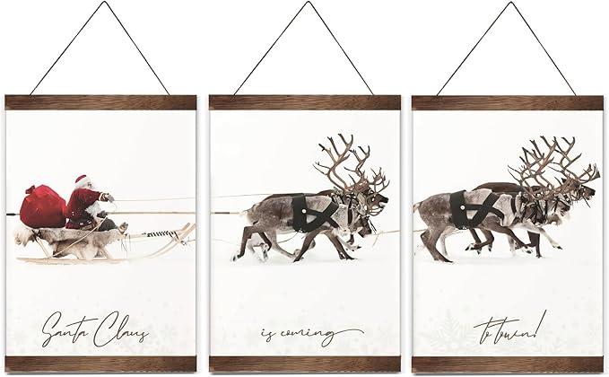 Cute Christmas Posters Wall Art Funny Christmas Classic Aesthetic Decor, Farmhouse Christmas Canvas Wall Art Prints Poster, Santa Claus Reindeer Posters for Room Bedroom Decor with Frame, 8&#x22;X11&#x22;X3Pcs