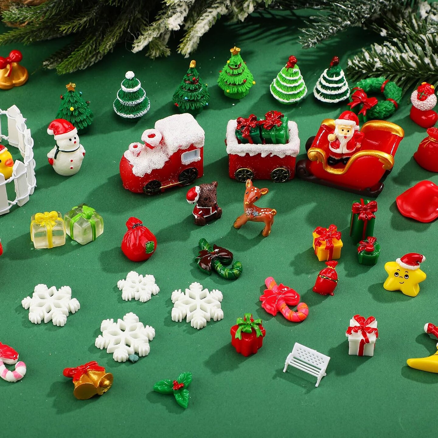 150 Pieces Christmas Miniature Figurines for Crafts Santa Snowman Figurines Mini Resin Landscape Bell Snowflake Christmas Tree Reindeer Gifts for DIY Crafts Winter Xmas Party Decor