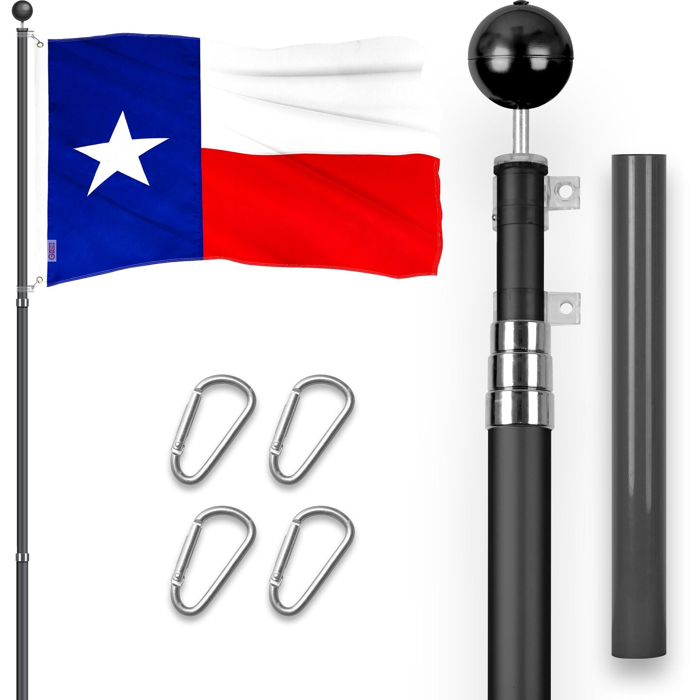 G128 Combo Pack: 16 Ft Telescoping Aluminum Flagpole (Black) & Texas TX 3x5 Ft, ToughWeave Series Embroidered 300D Polyester | Pole with Flag Included