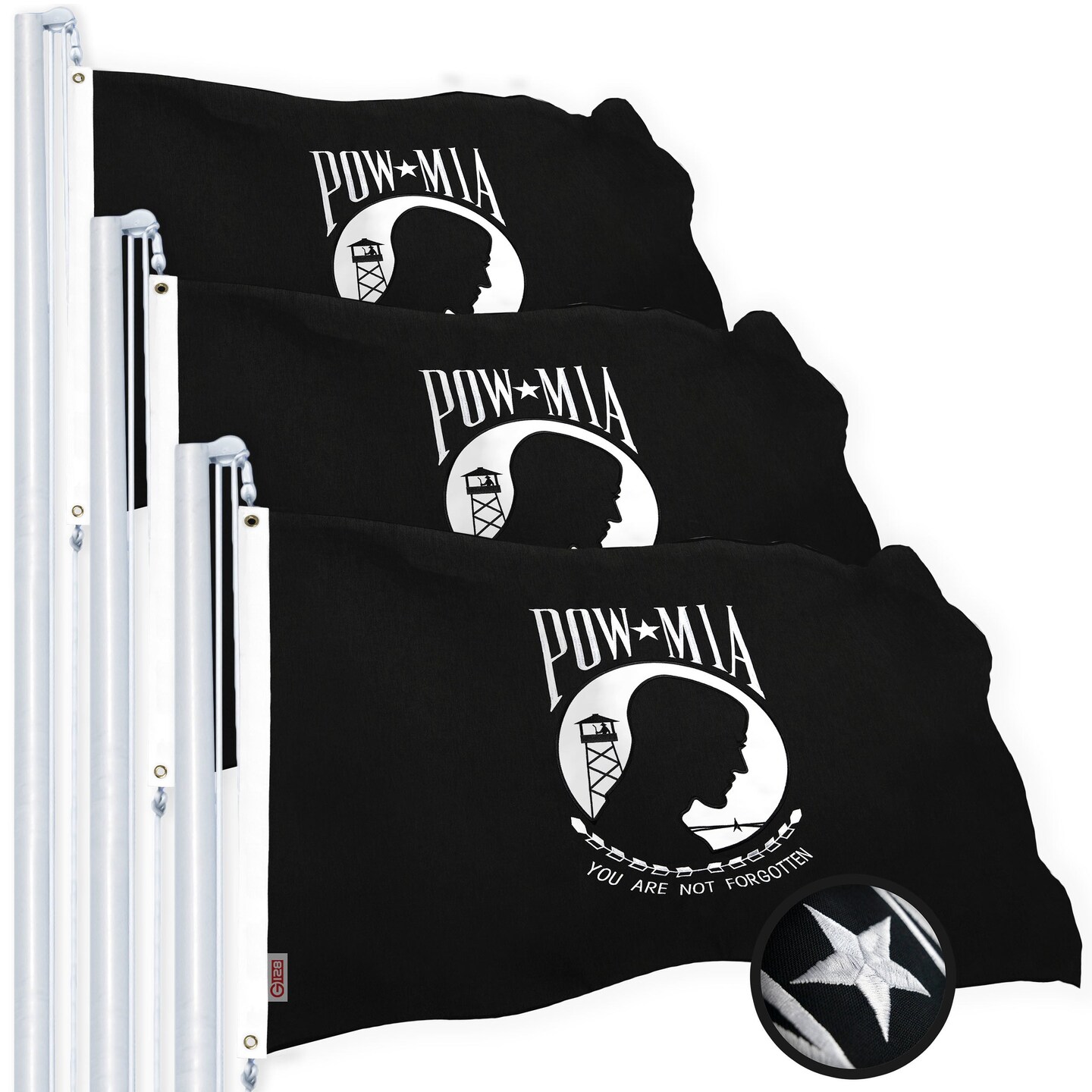 G128 POW MIA Flag 3x5 FT 3-Pack Embroidered Spun Polyester