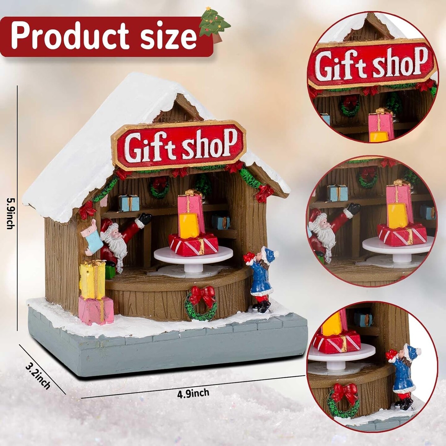 Animated Christmas Village Street Gift Shop with LED Light &#x26; Music, Resin Figurines Cute Santa Claus for Festive Decorations