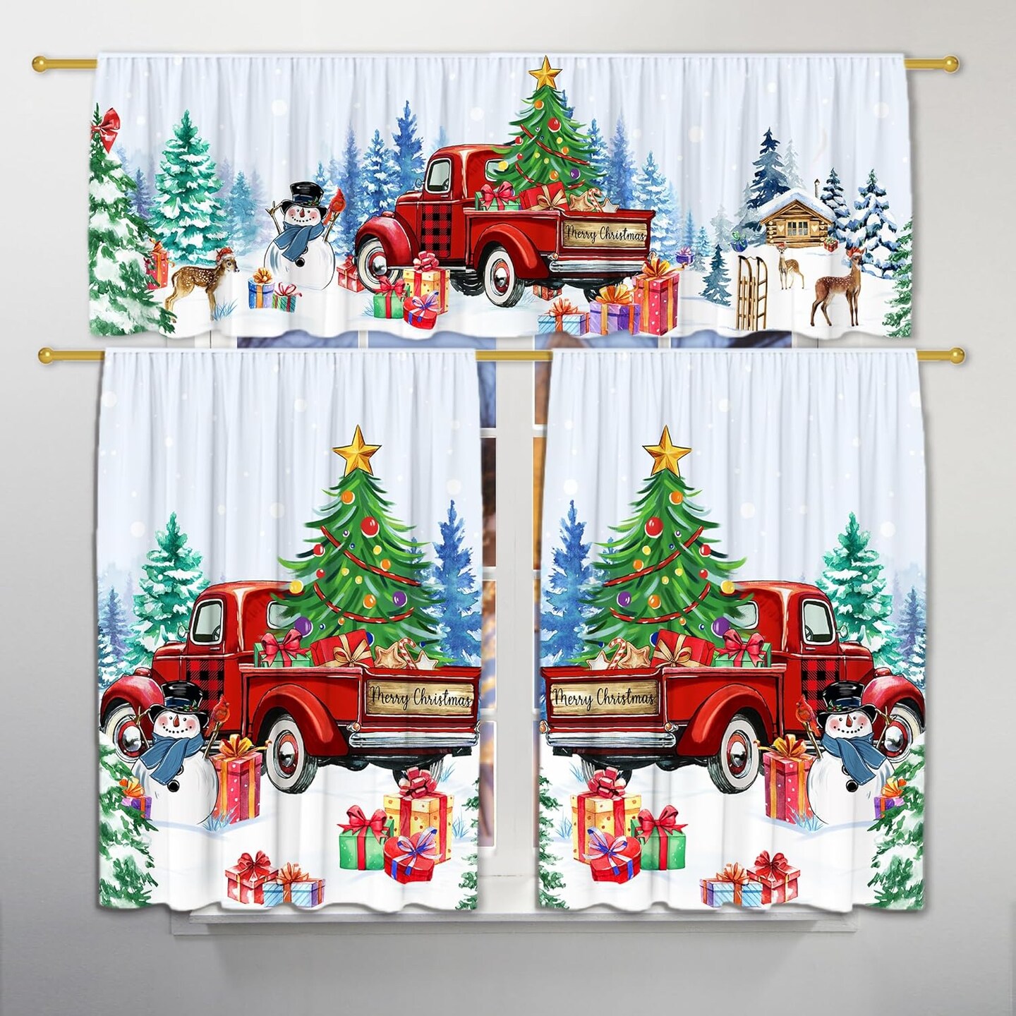 Christmas Kitchen Curtains, Christmas Decorations Valances for Windows, Curtains and Valances Set Christmas Decor Truck Snowmen for Cafe Living Room, Xmas Winter 27&#x27;&#x27;x36&#x27;&#x27; 2 Panel &#x26; 54&#x27;&#x27;x18&#x27;&#x27; Tier Set