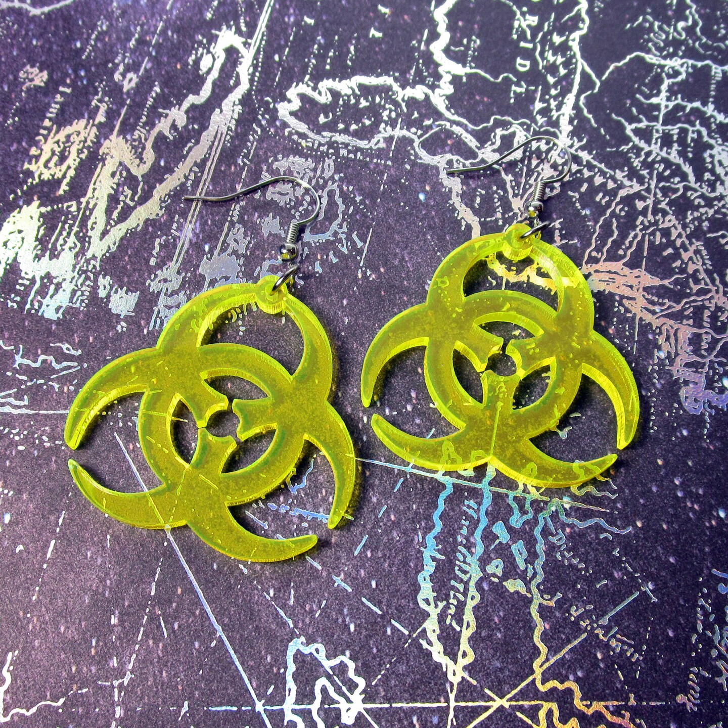 Neon Yellow Biohazard Symbol Pendant Dangle Earrings, Zombie