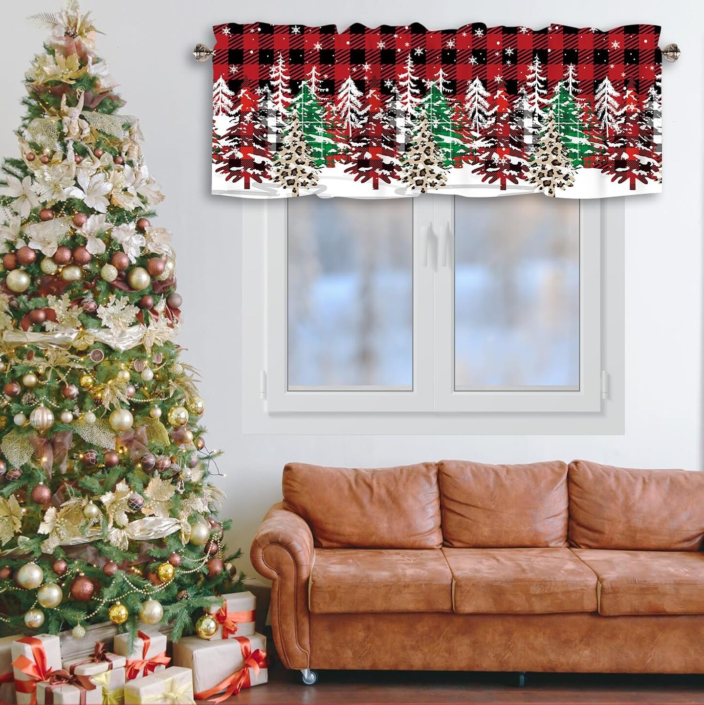 Christmas Curtain Valance for Windows Red Black Buffalo Check Plaid Snowflake Christmas Tree Winter Holiday Window Treatments 1 Panel Short Curtains for Kitchen Windows Bathroom Bedroom,54 x 18 Inch