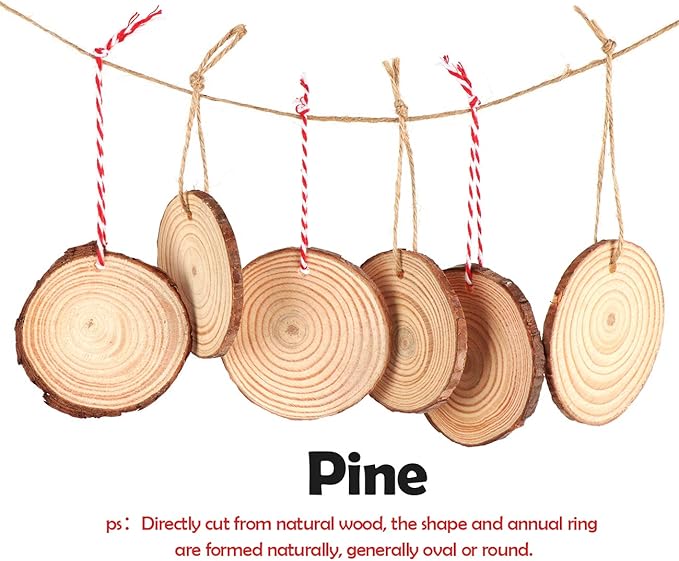 50Pcs Wood Slices 2.4&#x22;-2.8&#x22; Unfinished Natural Wood Rounds with Pre-drilled Hole and 66Feet Twine String, Wood Slices for Wood Burning Painting DIY Crafts Christmas Ornaments Party Wedding Decor