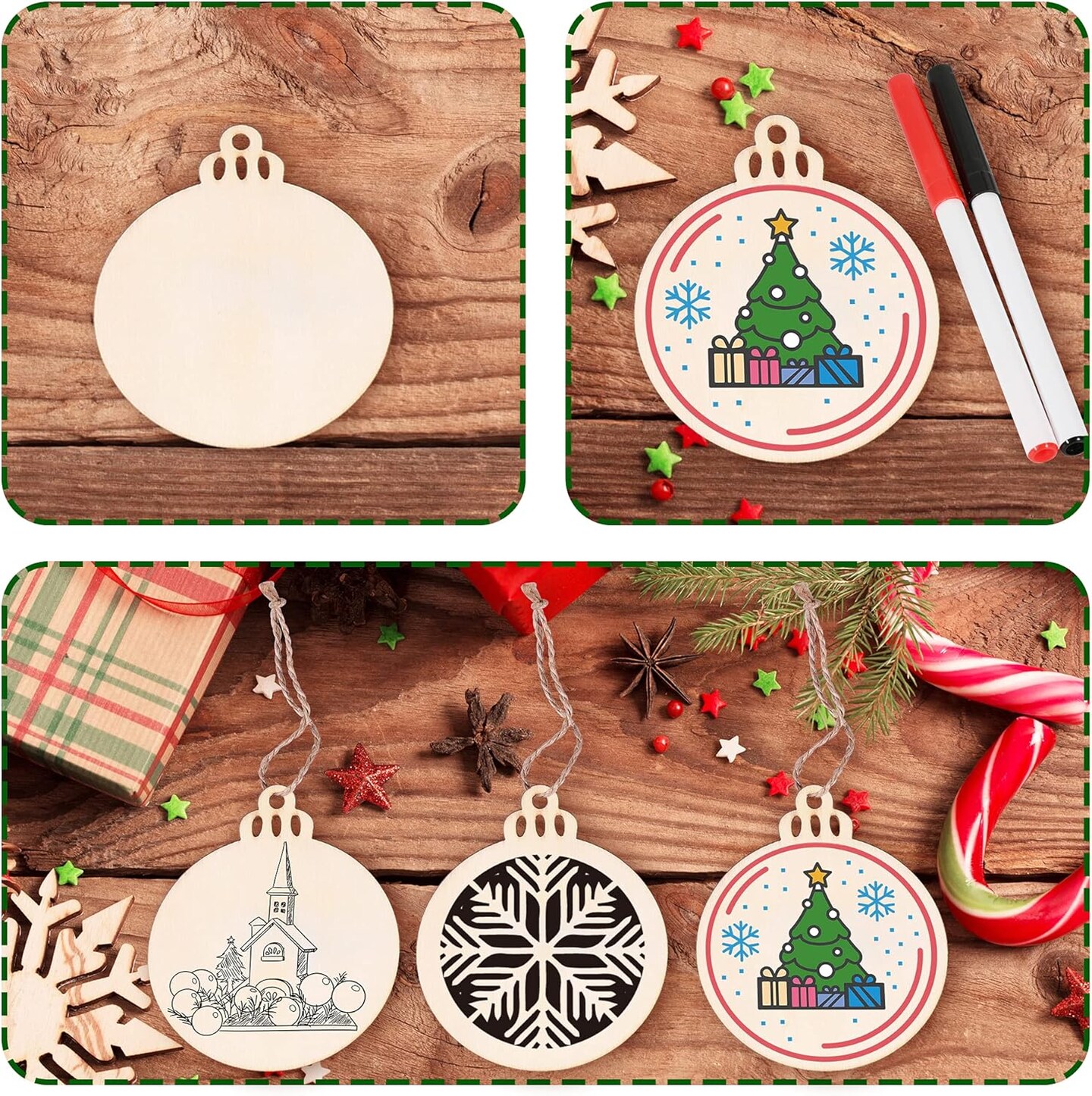 100PCS DIY Wooden Christmas Ornaments Unfinished Predrilled Wood Circles for Crafts Centerpieces Holiday Hanging Decorations in 10 Shapes