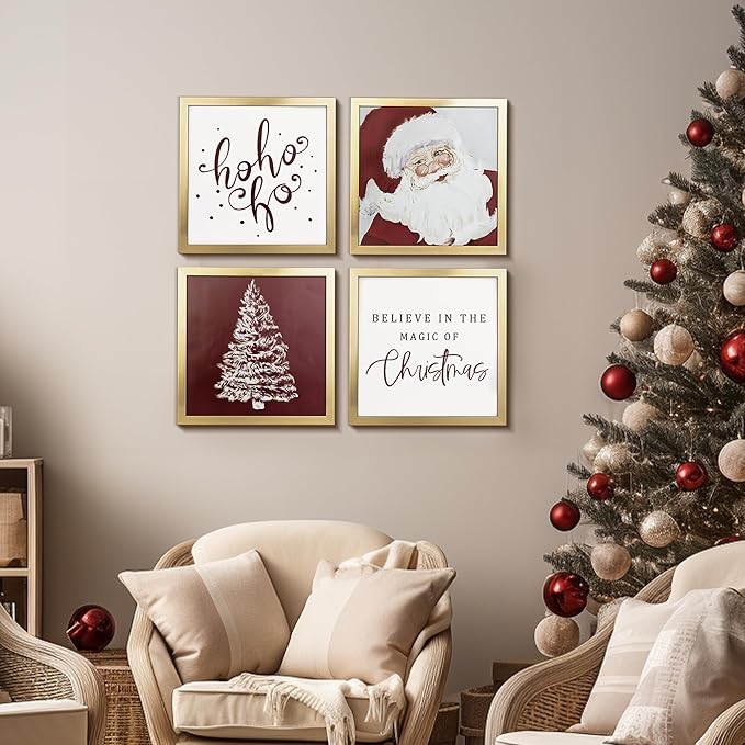 ArtbyHannah Framed Christmas Wall Art, Santa Claus Christmas Wall Decor, 4 Pack 10x10 Inch Christmas Pictures Wall Decor with Red White Wall Christmas Tree, Indoor Christmas Decorations for Home