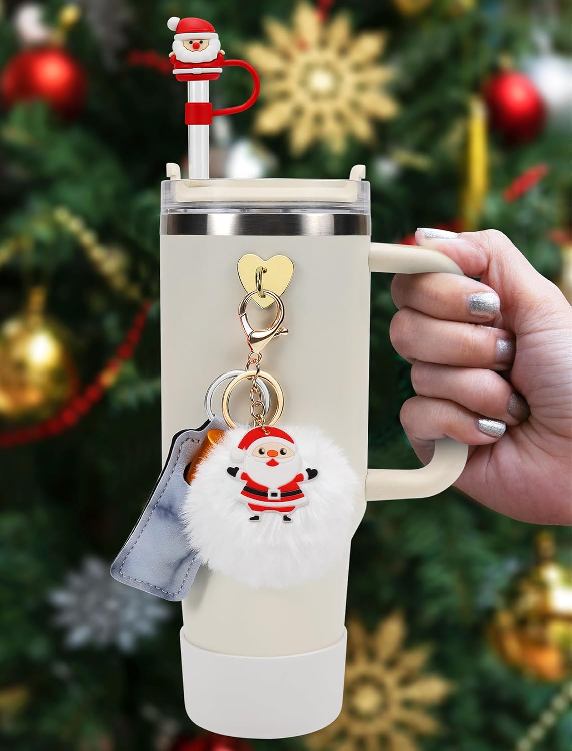 Christmas Stanley Cup Accessories Set- Christmas Silicone Straw Cover, Silicone Stanley Cup Boot, Lipstick Holder, Christmas Charms for Stanley Cup 40oz &#x26; 30oz Tumbler. (Christmas White Elk)