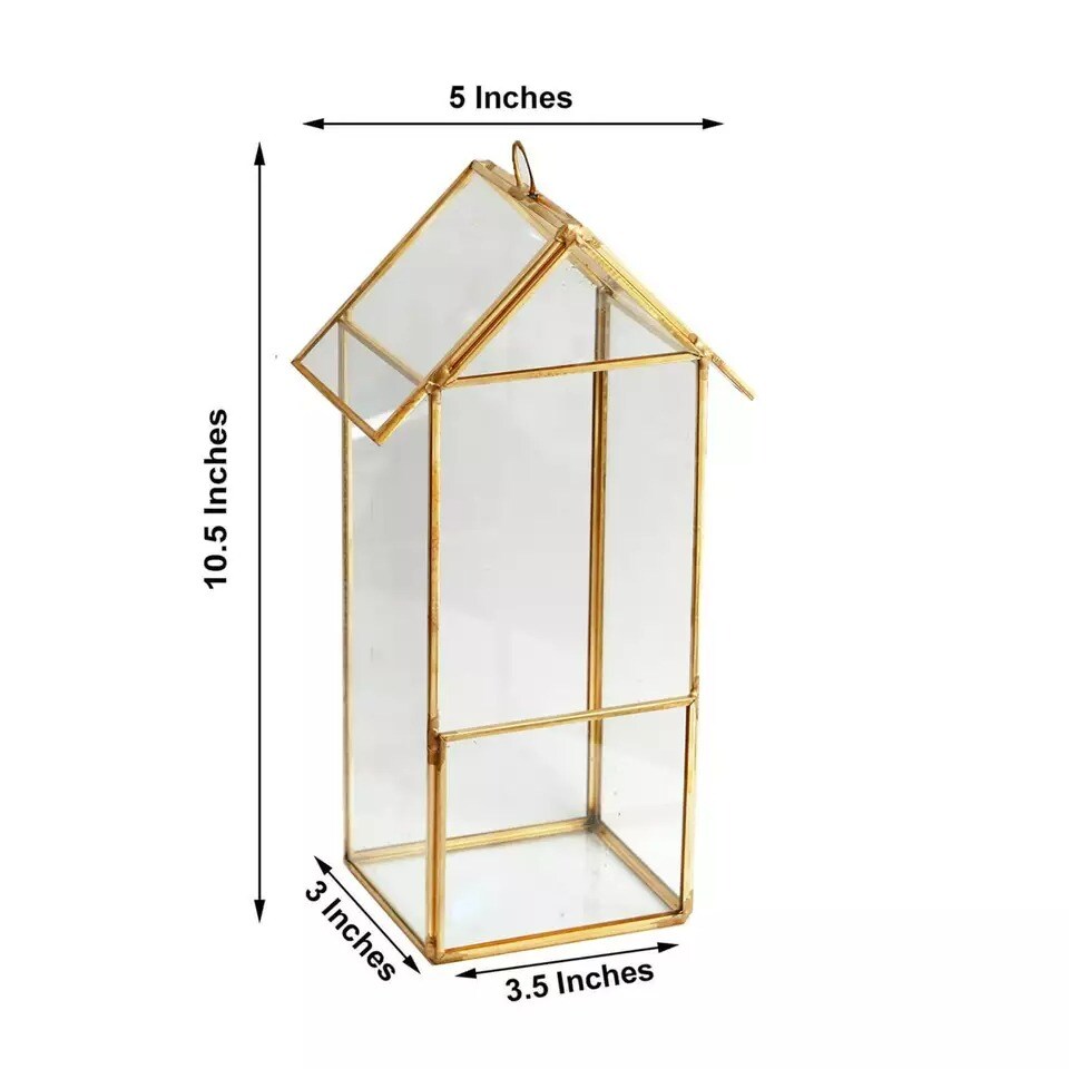 10.5" tall Clear Gold Geometric Glass Terrarium Vase Metal Frame Centerpieces