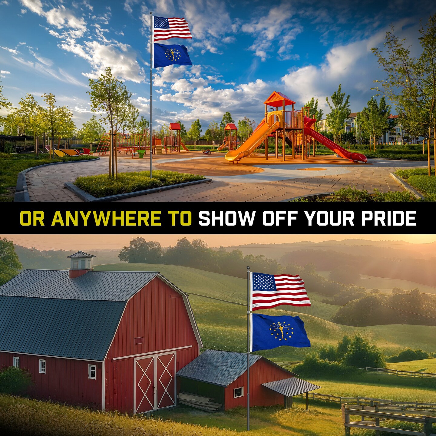 G128 Combo Pack: 20 Ft Telescoping Aluminum Flagpole (Black) & American and Indiana Flags 3x5 Ft, Both StormFlyer Series Embroidered 220GSM Spun Polyester | Pole with Flags Included