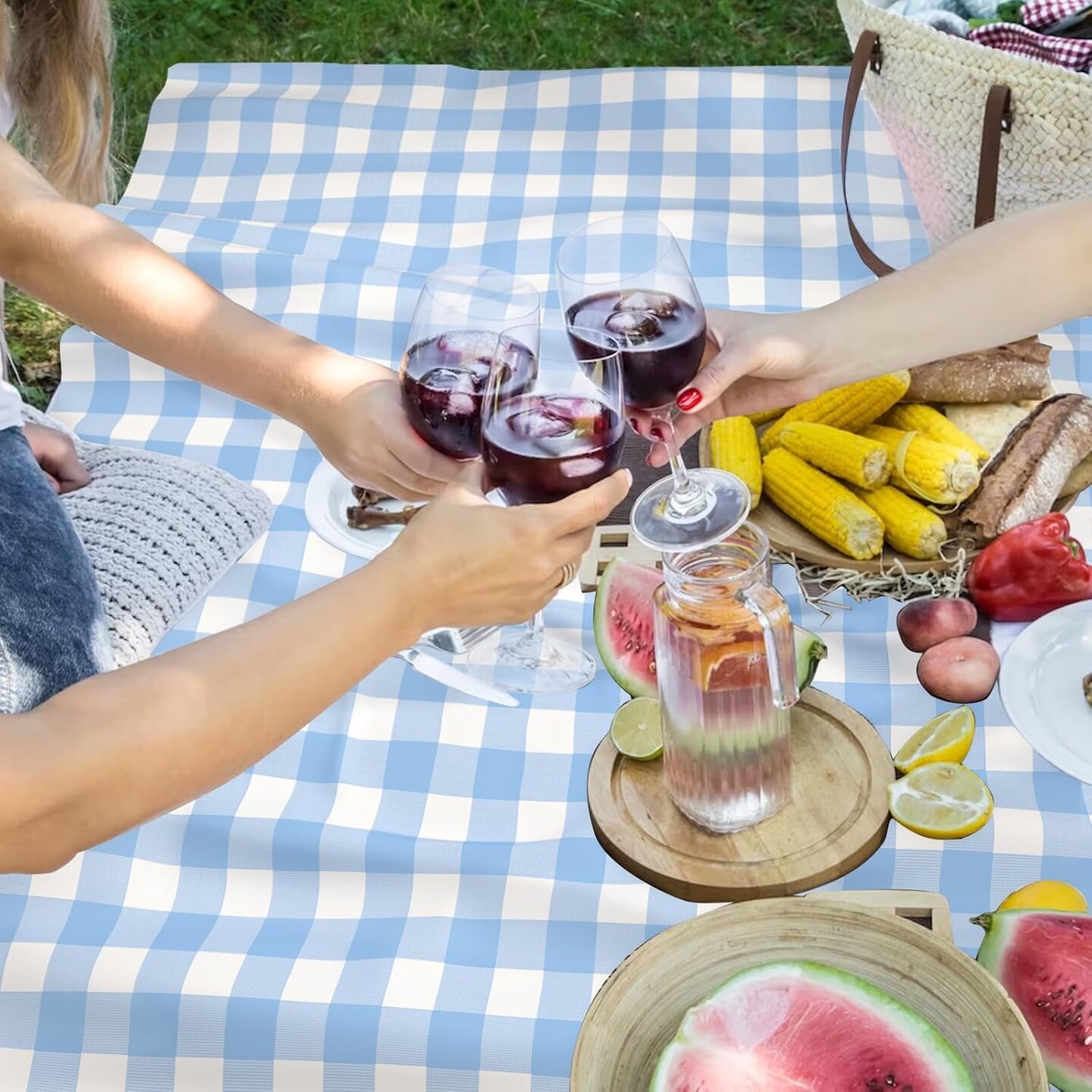 3 Pcs Light Blue Gingham Tablecloth
