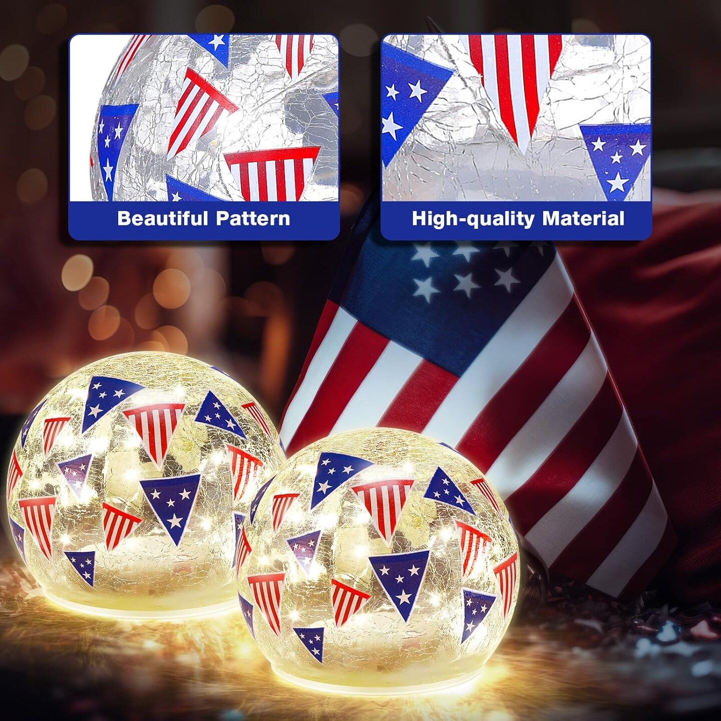 Independence Day -Crackle Glass Night Light Waterproof Battery Operated Glass Globe Ball Lamp