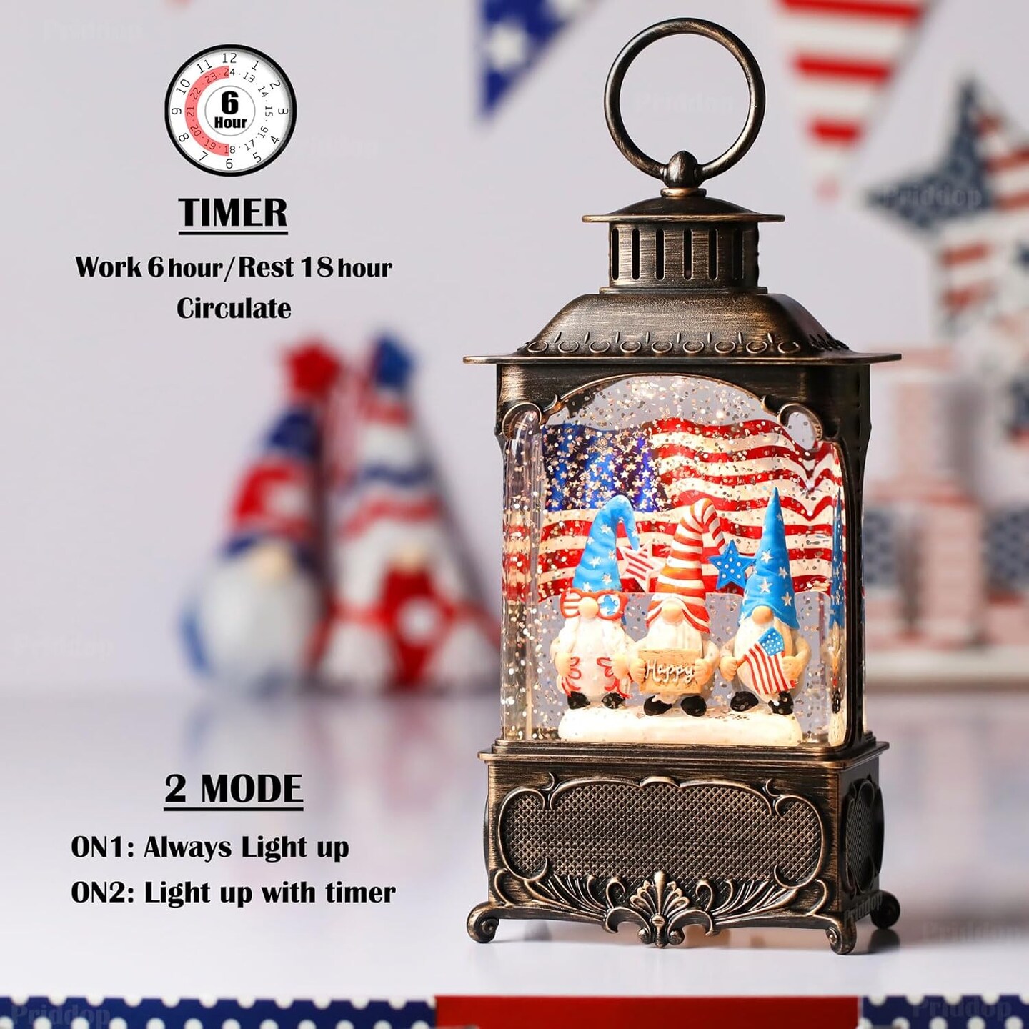 Gnome Snow Globe Lantern 4th of July Decorations with Timer, USB and Battery Powered