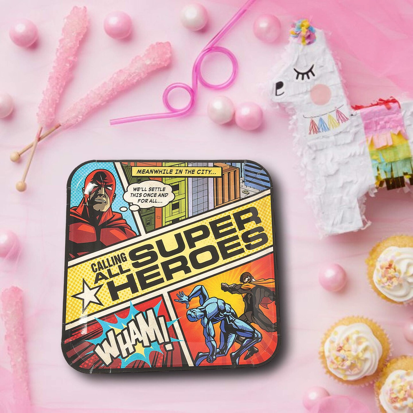 8 Count Superhero Comic Paper Plates 9 Inch Square Birthday Party Supplies