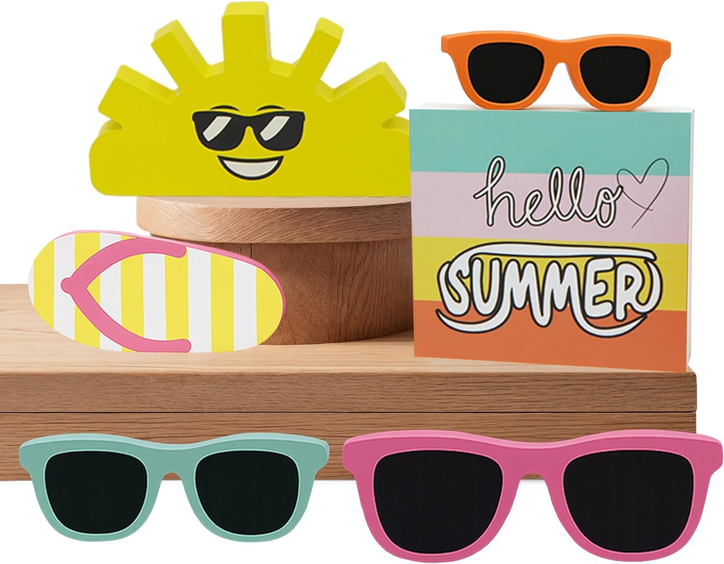 4E's Novelty 6 Pcs Summer Wooden Signs Rustic Hello Summer Wood Sign Set for Wooden Sunshine Table Decor, Mantel, or Party, Vibrant Summers Table Wood Decorations for Homeowners, Event Hosts
