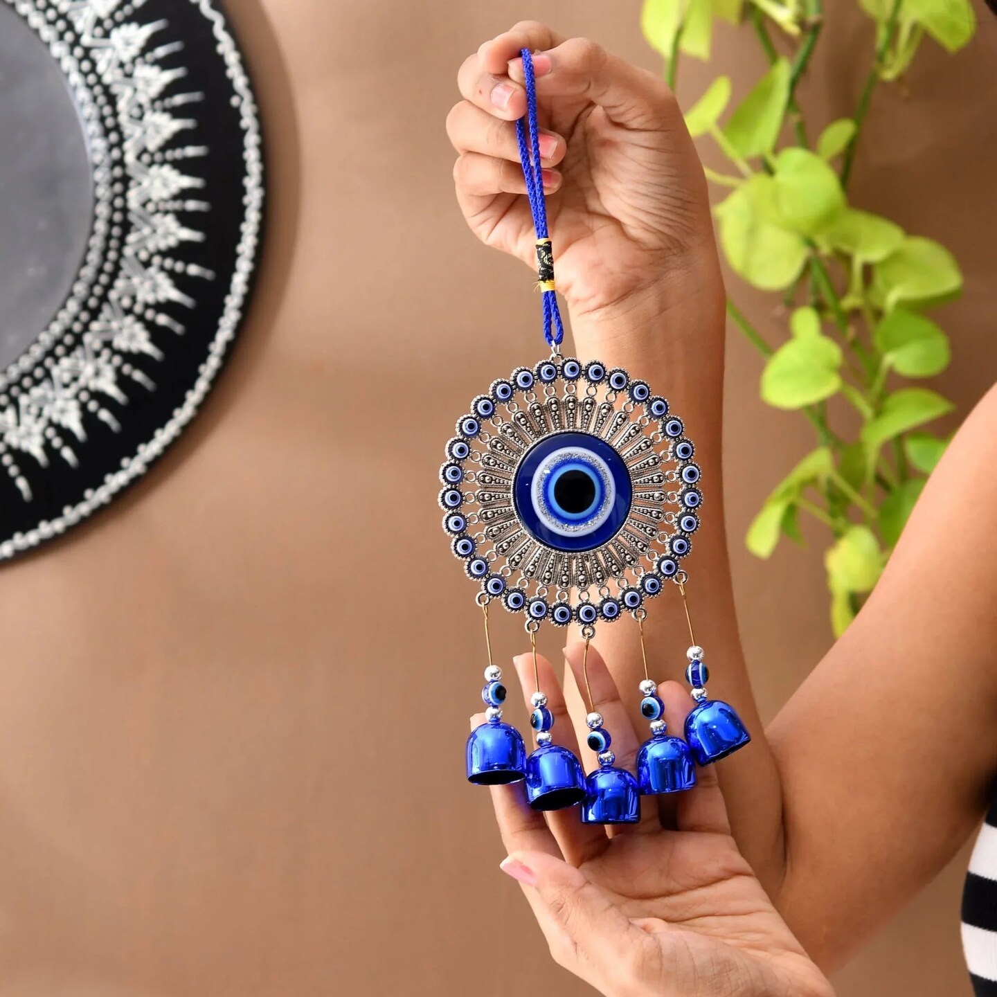 Evil Eye Chime Hanging Decoration Circle Evil Eye Decor for Living Room Home Office Car Hanging Turkish Nazar Amulet Door Wall Hanging Ornament - Good Luck Pendant Charm Gift (6 Inch)