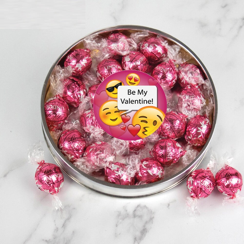 Valentine's Day Candy Gift Tin with Chocolate Lindor Truffles by Lindt Large Plastic Tin with Sticker - Emoji