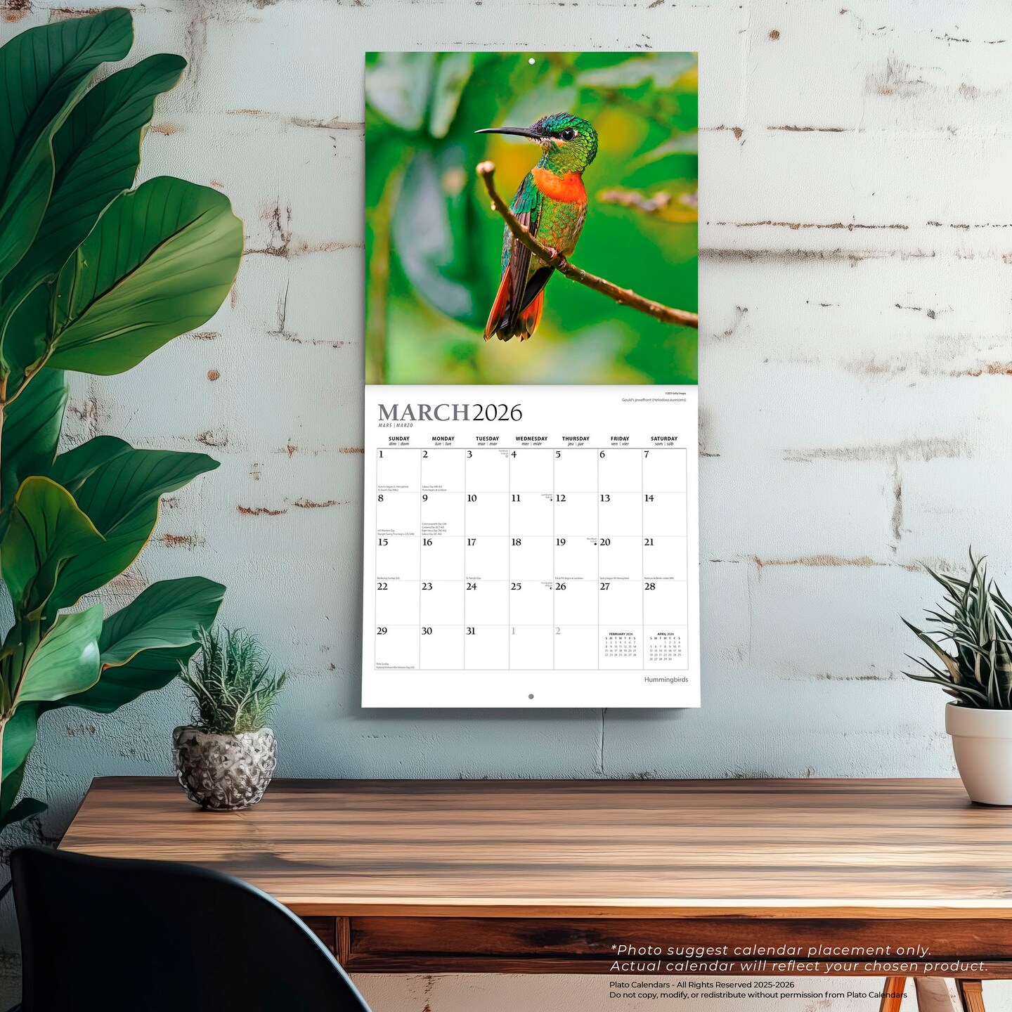 Hummingbirds | 2026 12 x 24 Inch (Hanging) Monthly Square Wall Calendar | Foil Stamped Cover